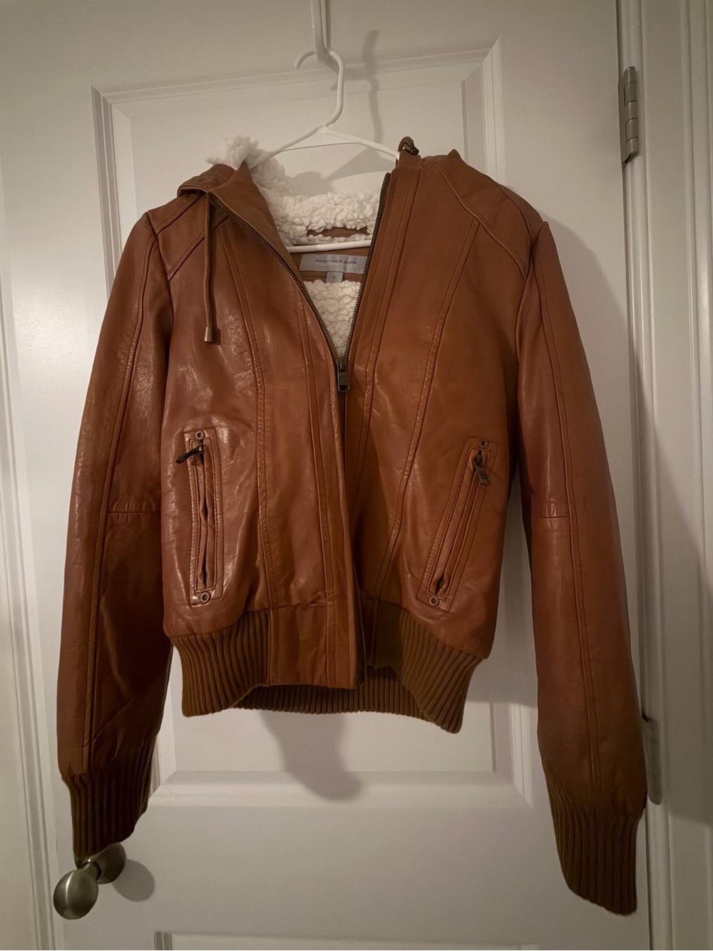 Marc New York Women’s Tan Leather Hooded Bomber Jacket with Faux Fur Lining